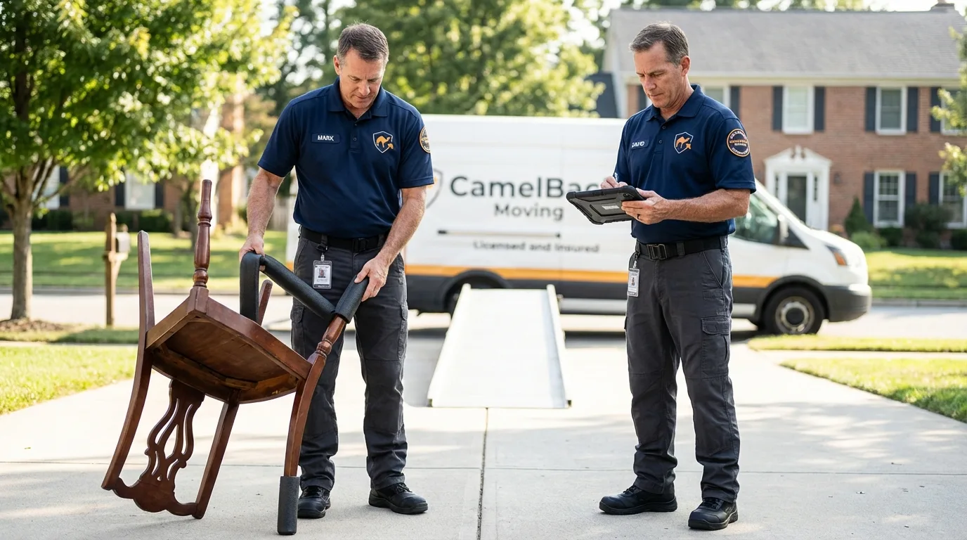 Movers inspecting furniture for damage prevention before loading in Eatonville, WA