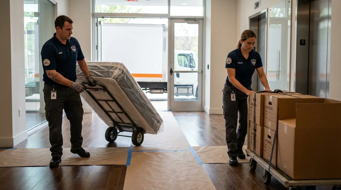 Professional apartment movers loading elevator in Eatonville, WA
