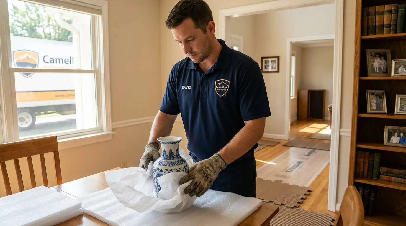Professional crew carefully wrapping antique vase for senior downsizing move in Eatonville, WA
